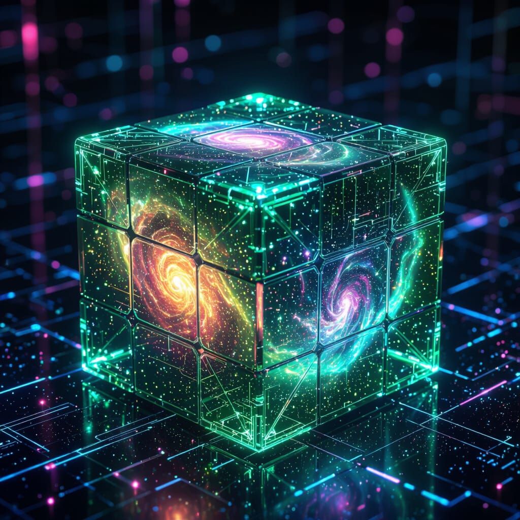 Transparent Green Rubik's Cube Galaxy in High-Tech Style