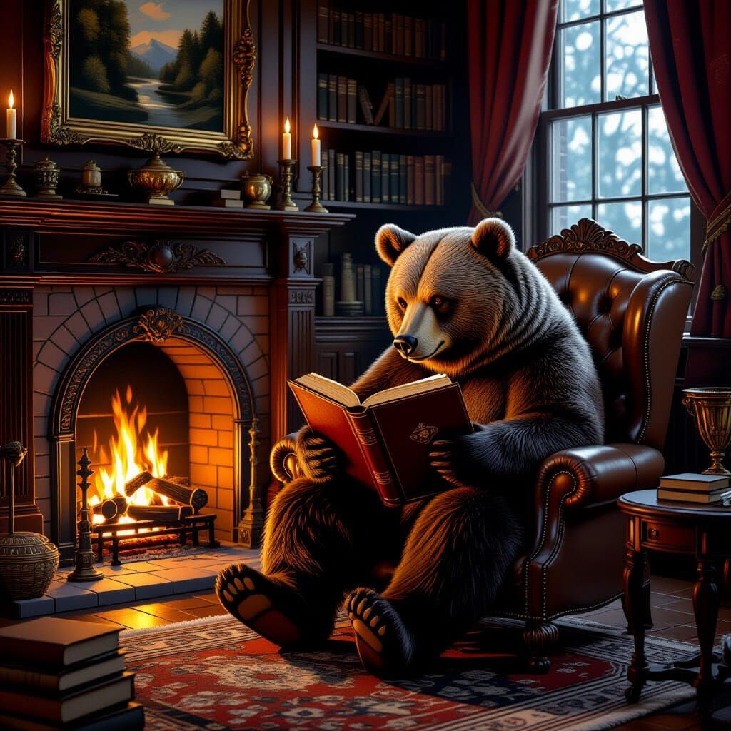Wise Old Bear Reads by Fireplace in Cozy Den
