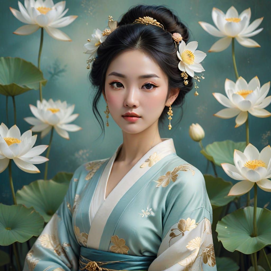 Serene East Asian Goddess Among Blooming Lotus Flowers in Dr...