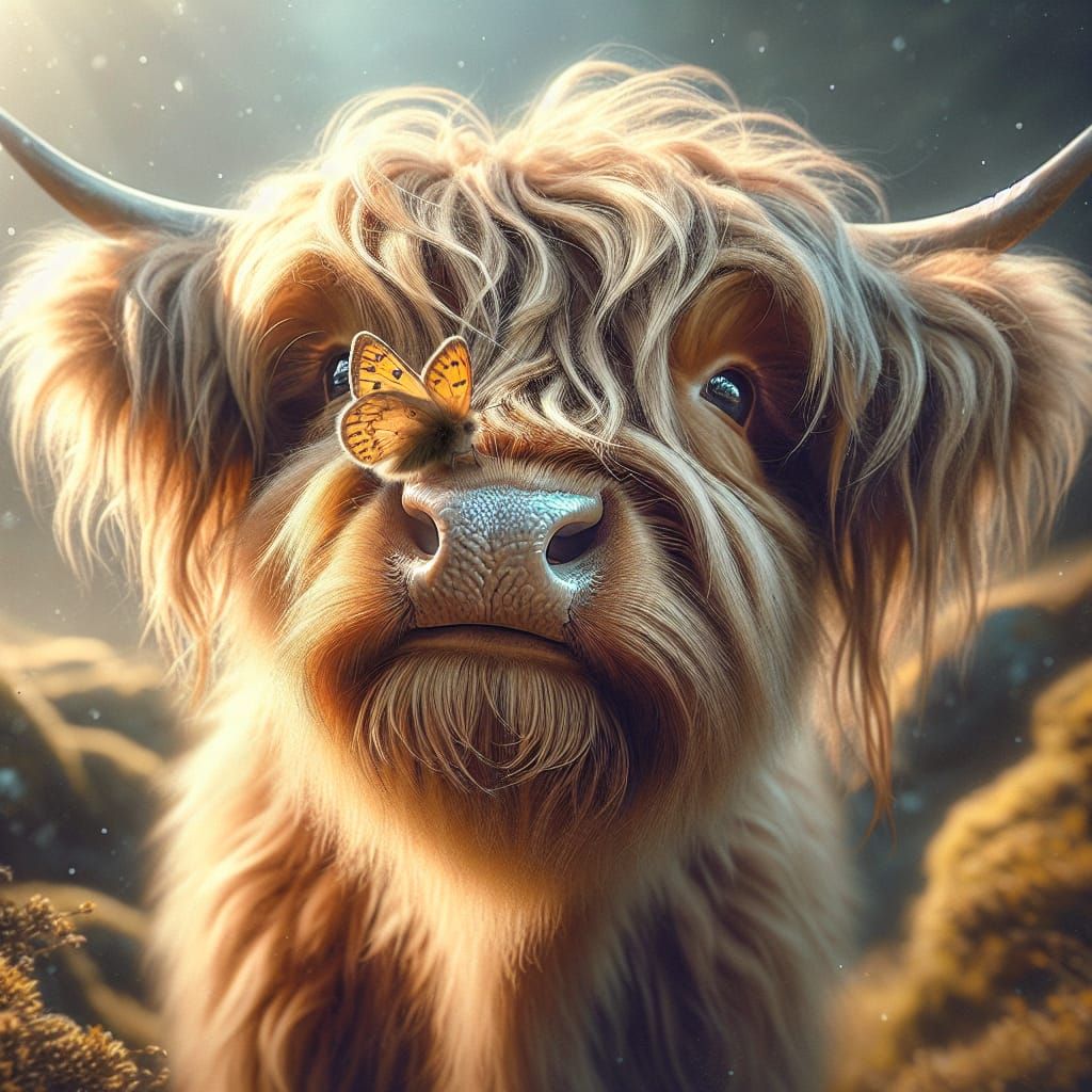 Adorable Fluffy Highland Cow with Butterfly Digital Painting