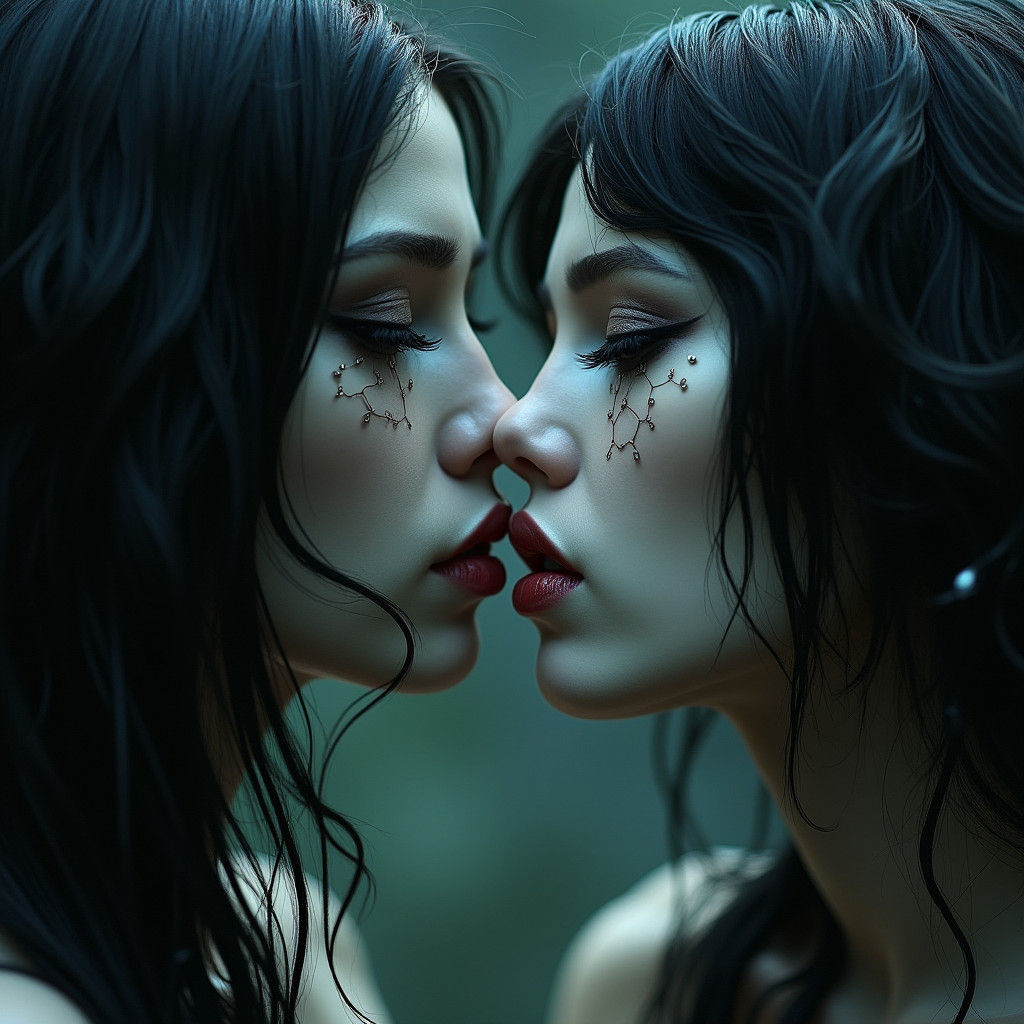 Ethereal Woman's Deadly Kiss in Biomechanical Surrealism