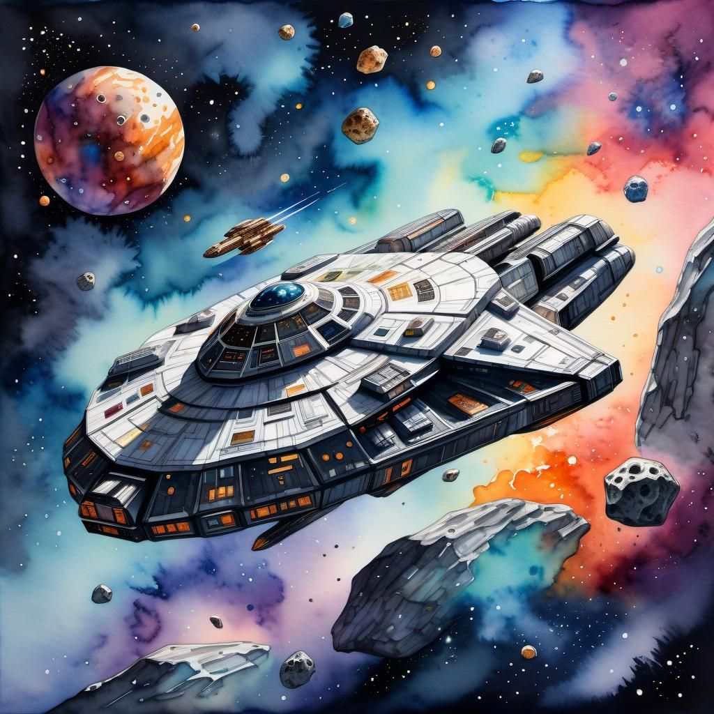 Spaceship Navigating Asteroid Field in Watercolor Style