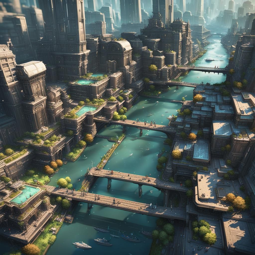 Futuristic Cityscape with Waterways in Anime Style