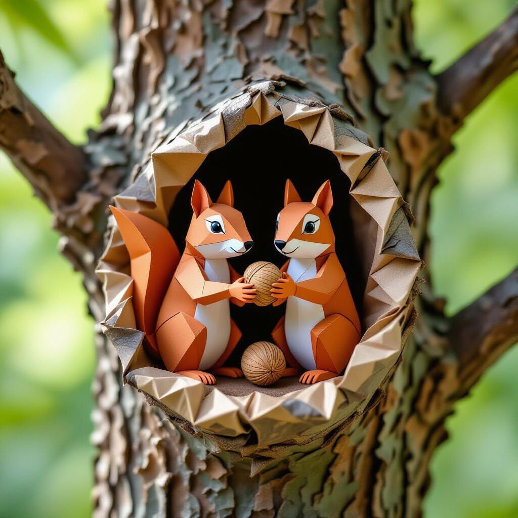 Squirrel with Nut: Origami Papercraft in 8K