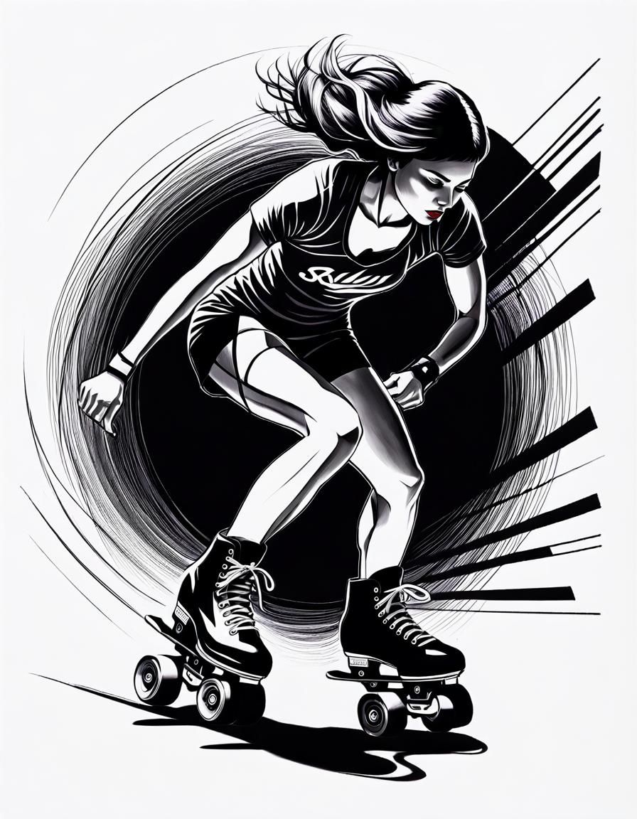 Girl on Roller Skates: Black and White Sketch