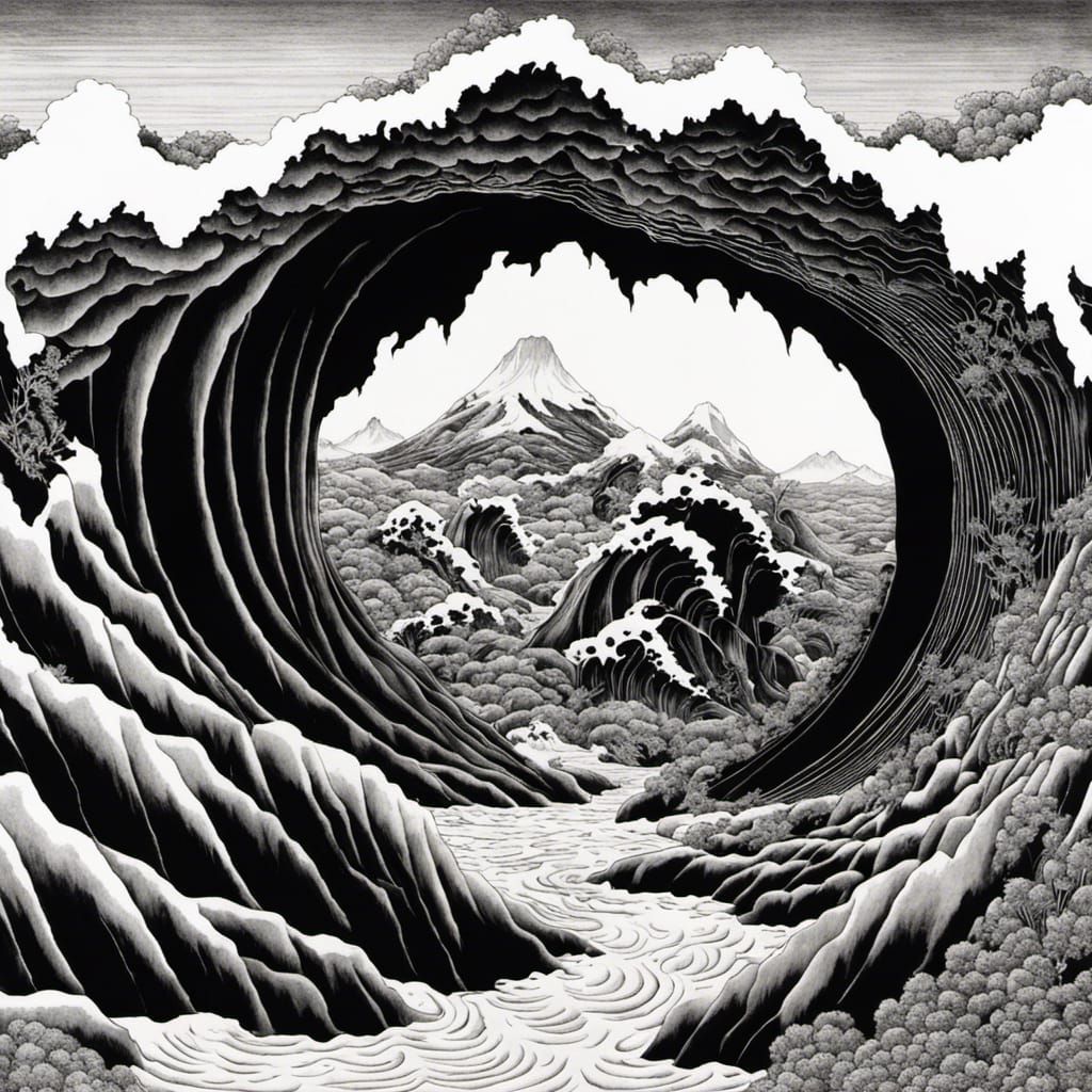Detailed Black Ink Rock Art in Hokusai Style