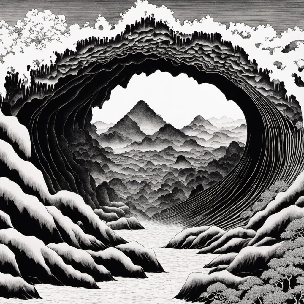 Intricate Black Ink Art in Hokusai Style