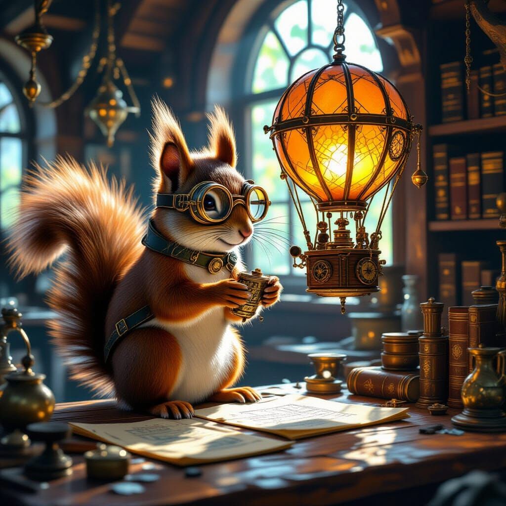 Squirrel Artificer Crafts Clockwork Balloon, Art Nouveau Sty...