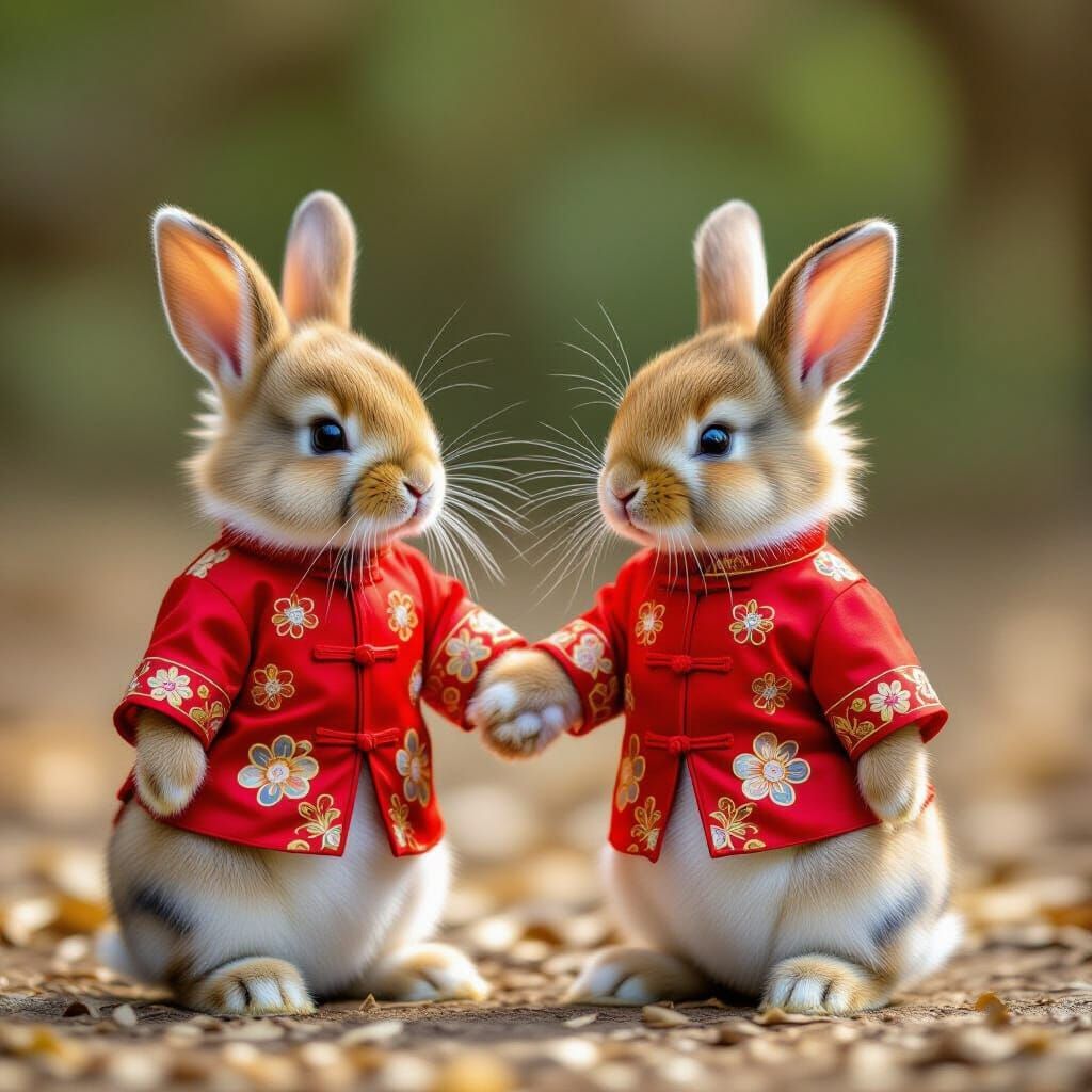 Two Baby Bunnies Holding Hands in Chinese Clothes