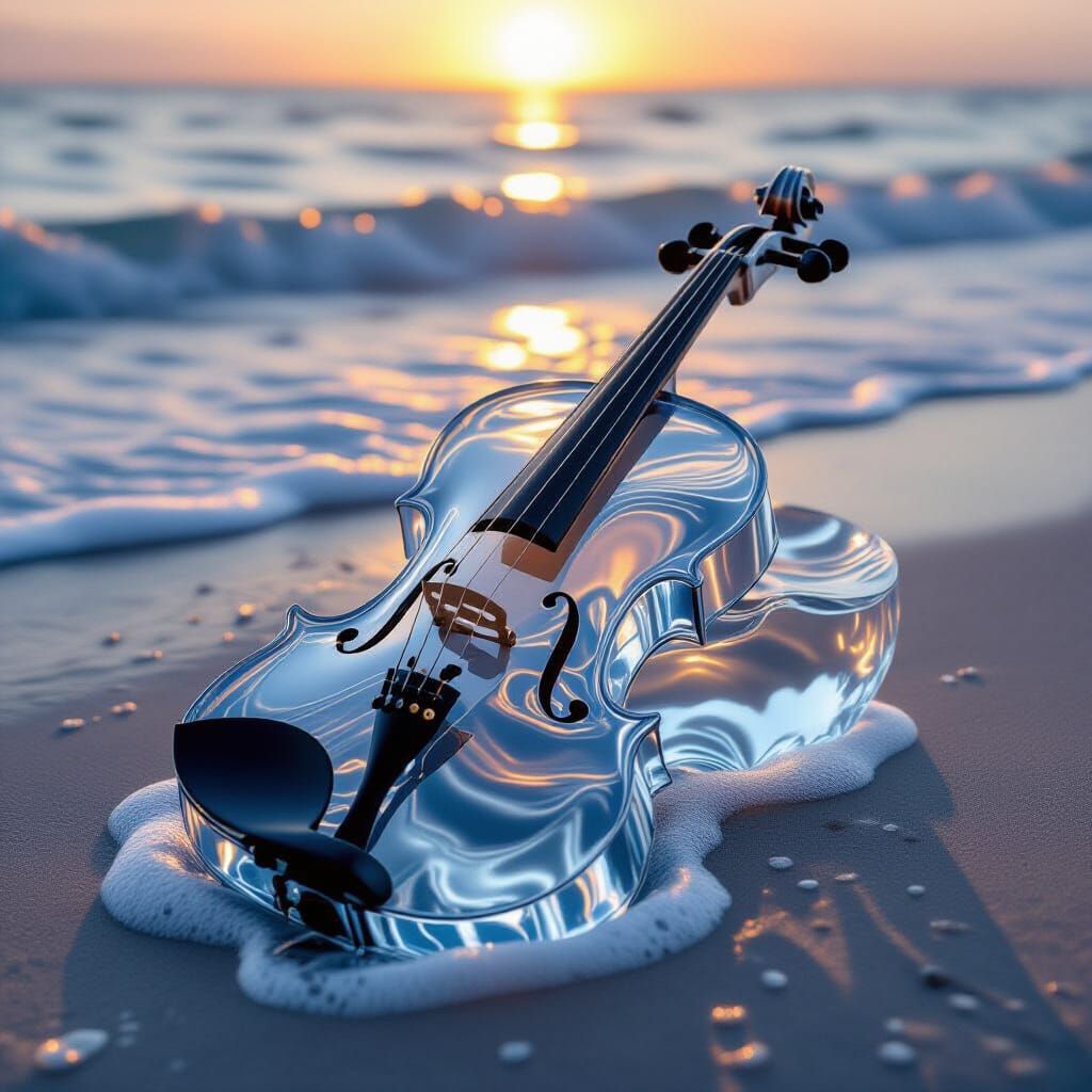 Crystal Water Violin on Beach at Sunset