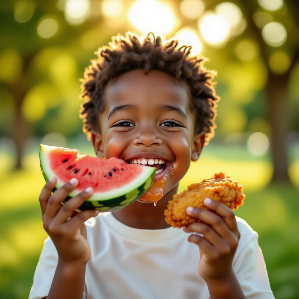 Joyful Black Boy Eats Watermelon and Fried Chicken in Sunny ...