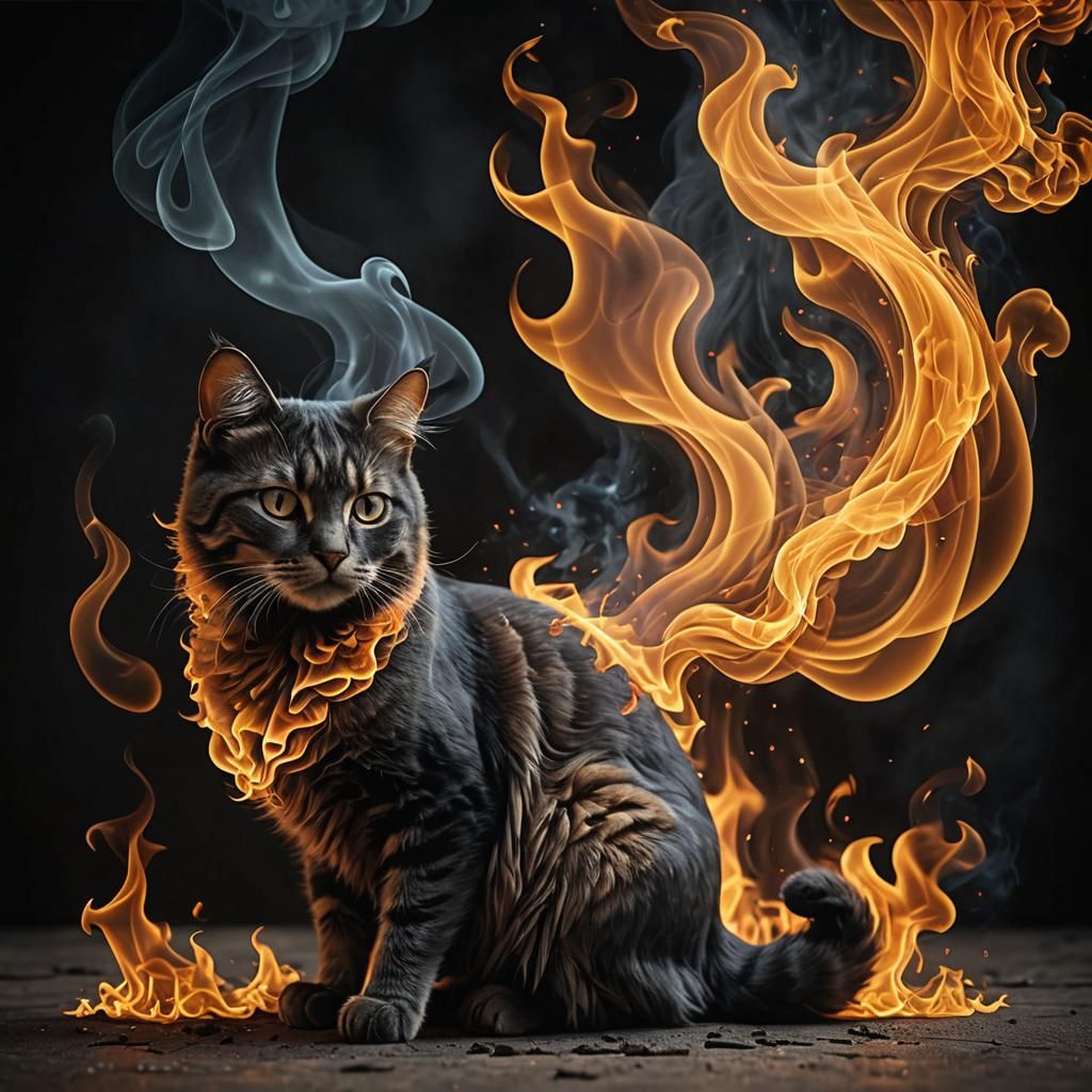 Fiery Smoky Cat in Surreal Style
