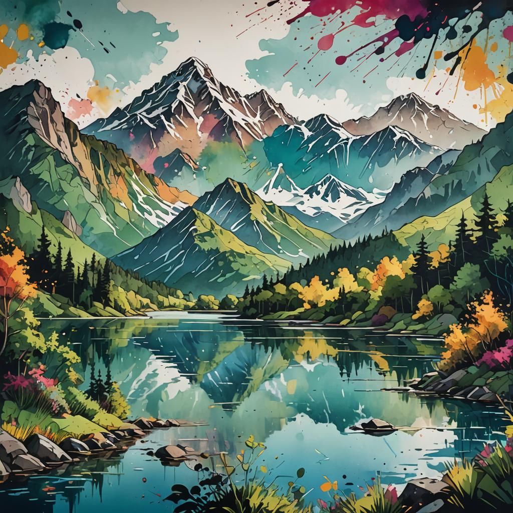 Majestic Mountain Range in Ink Splatter Art