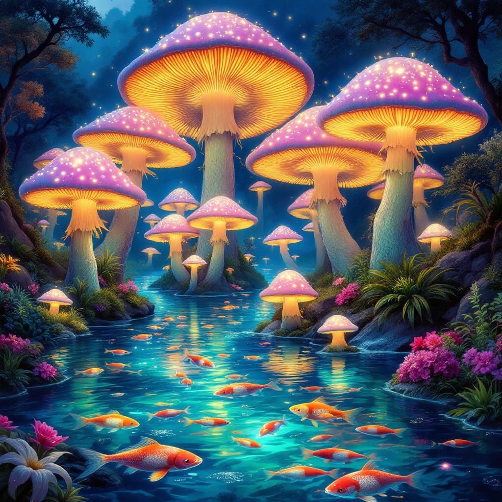 Bioluminescent Mushroom River Landscape Painting