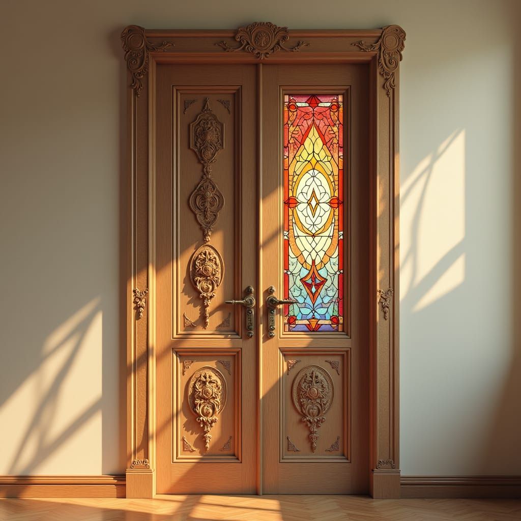 Ornate Wooden Door with Stained Glass in Fantasy Style