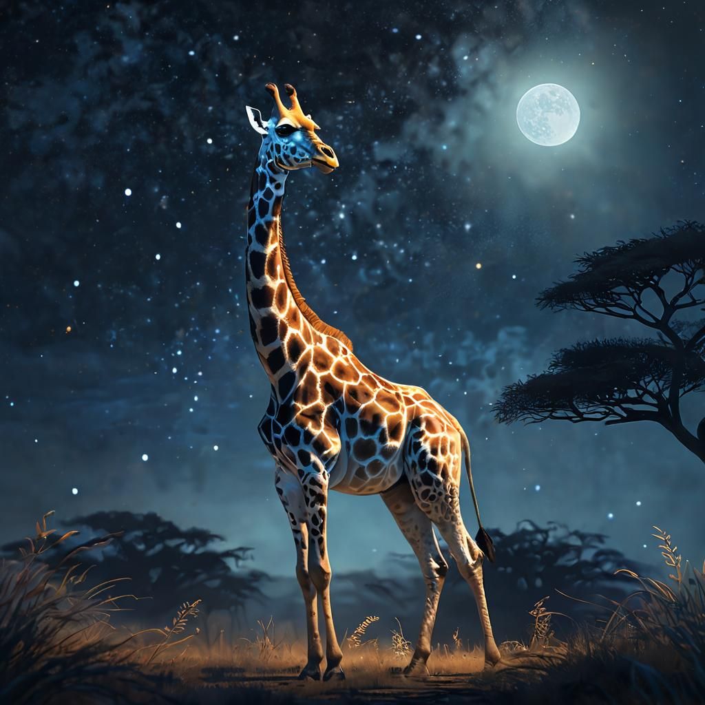 Mystical Giraffe in Moonlit Savannah