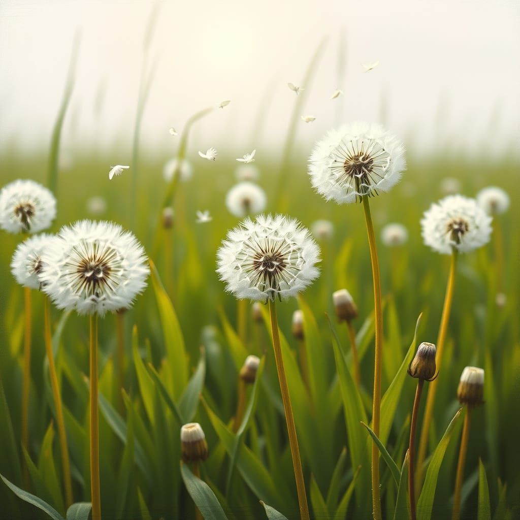 Dandelion Seed Heads in Meadow: Impressionist Style
