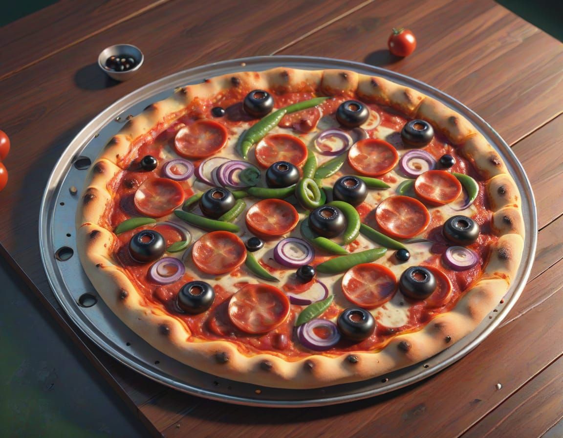 Hyperrealistic Pizza with Toppings in 3D Anime Art