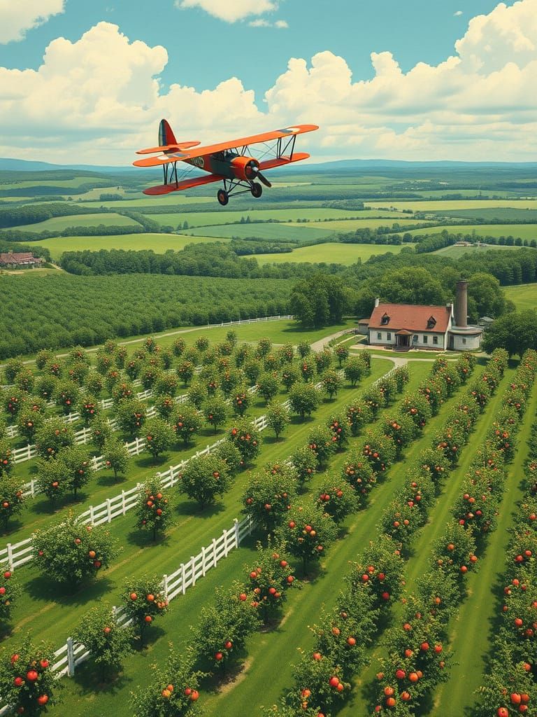 Apple Orchard Vista with Biplane in Gouache Style