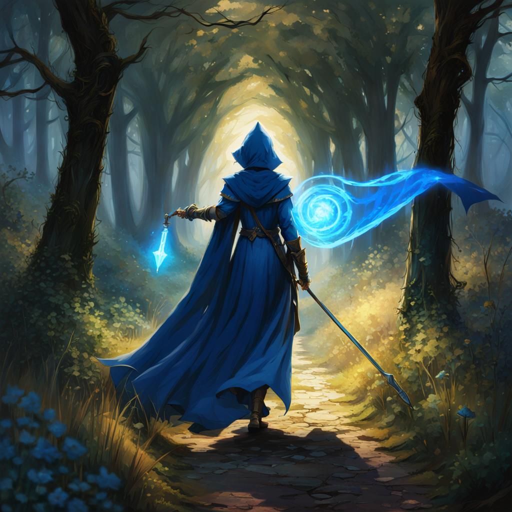 Girl with Luminous Staff on Abandoned Path