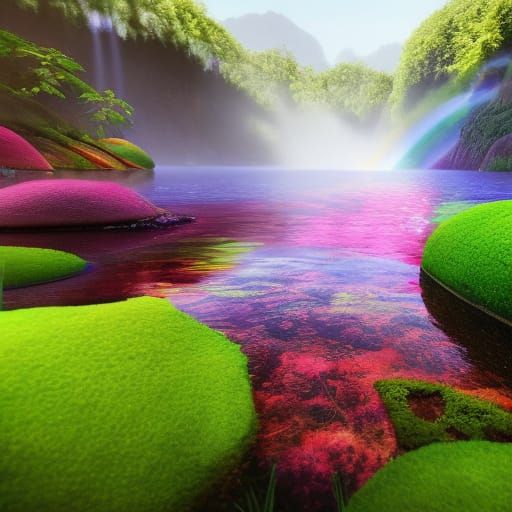 Enchanted Jungle Lake with Rainbow Reflections