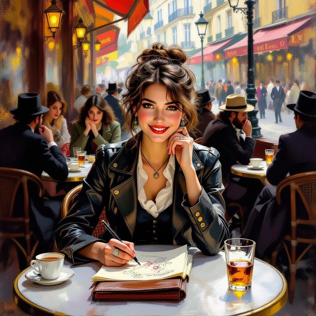 Parisian Cafe Scene in Impressionist Style