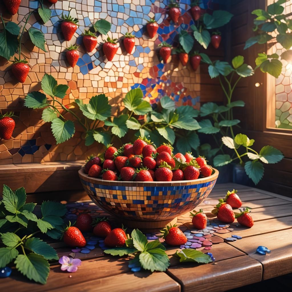 Mosaic Strawberries in Sauna: Fantasy Illustration