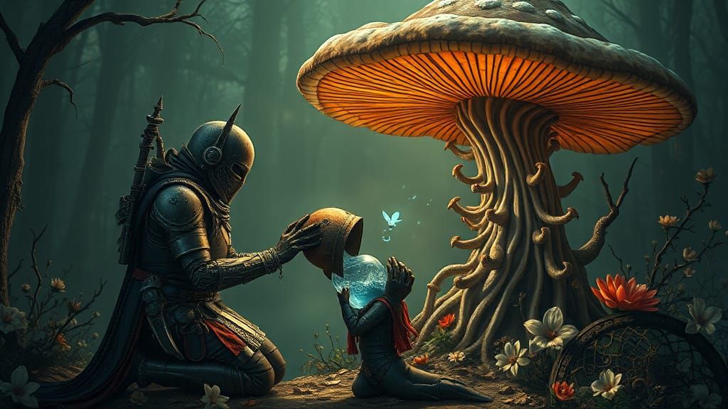 Gothic Warrior Offering Water in a Biomechanical Art Nouveau...