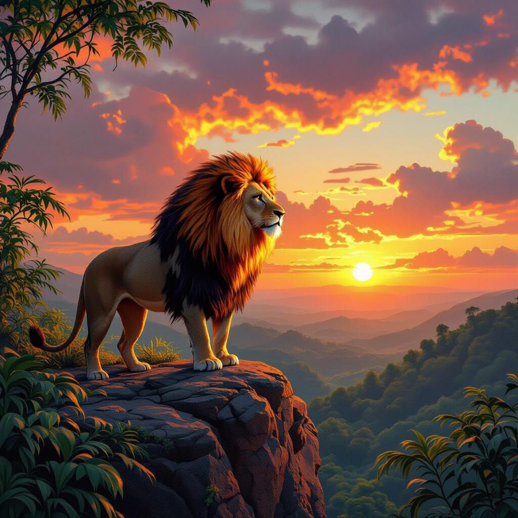 Fiery Lion Overlooking Jungle Sunset