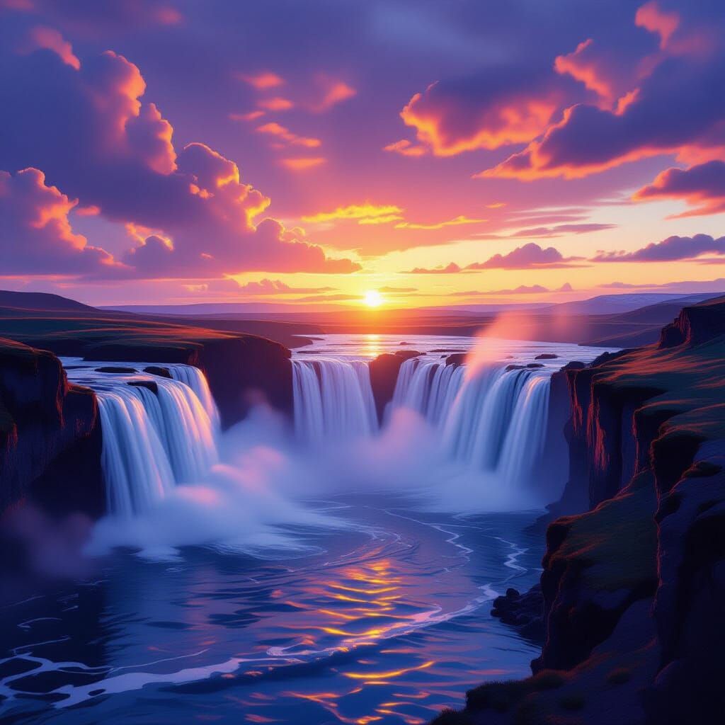 Majestic Icelandic Waterfall at Vibrant Sunset