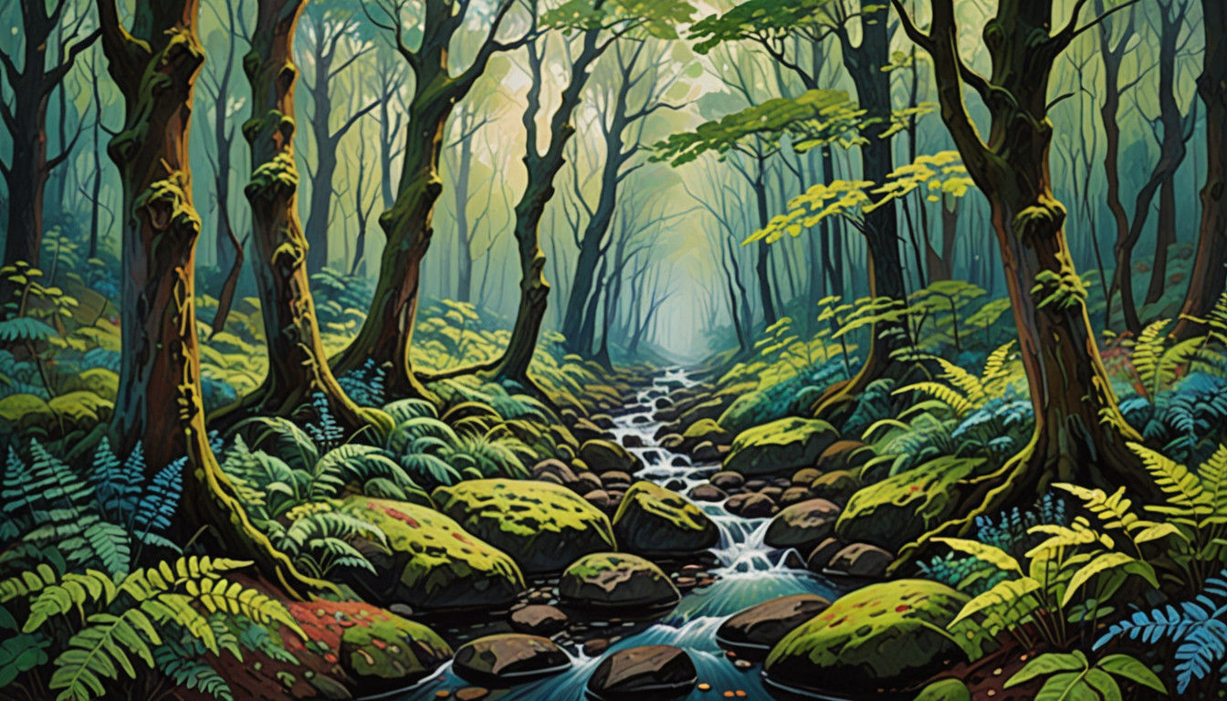 Serene Forest Waterfall in Earthy Fauvist Oil Painting