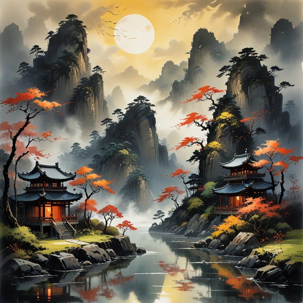 Serene Asian Landscape in Sumi-e Style