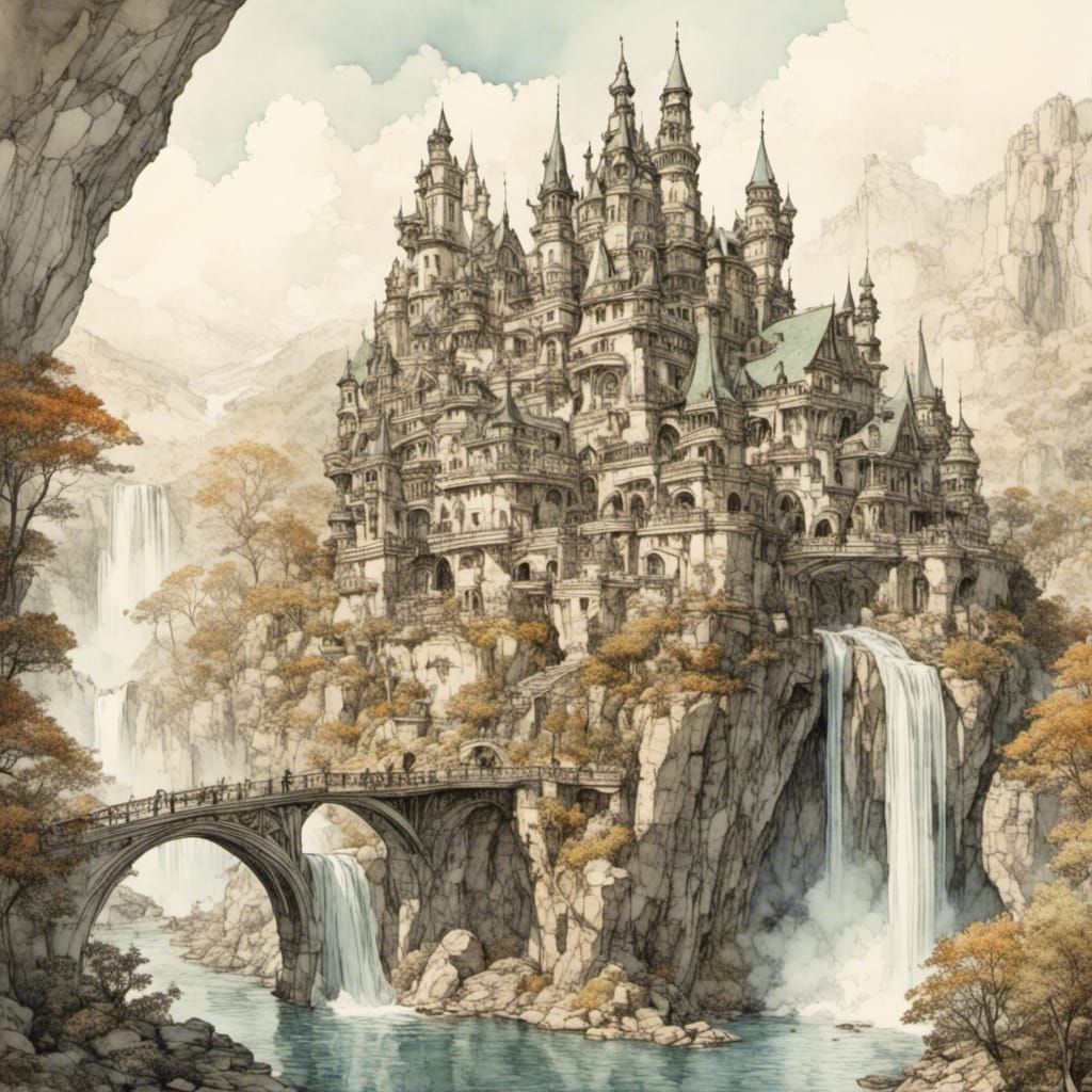 Majestic White Castle Embraced by Waterfalls