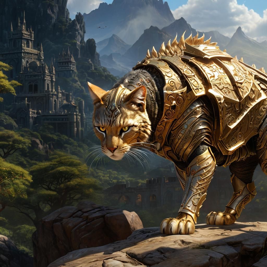 Fierce Armored Cat: Hyperdetailed Fantasy Concept Art