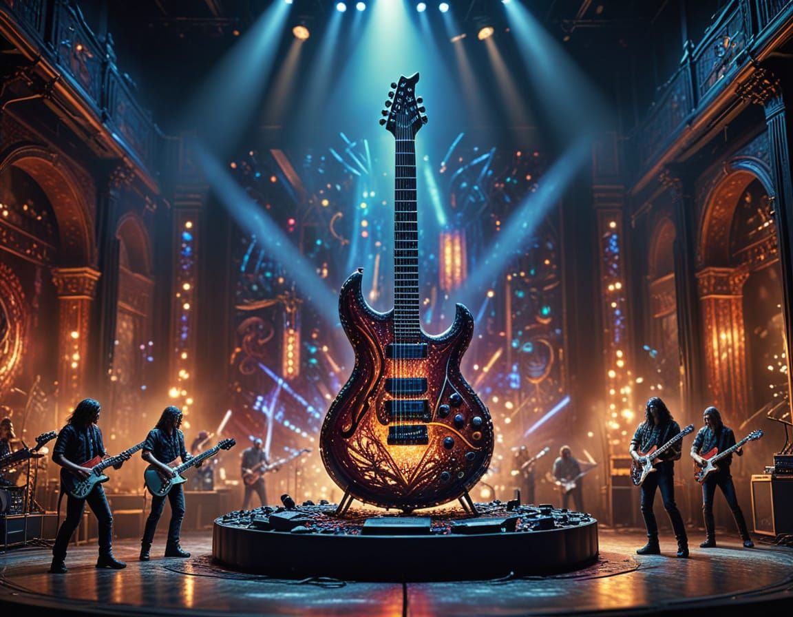 Miniature Rock Band Inside Electric Guitar, Oil Painting