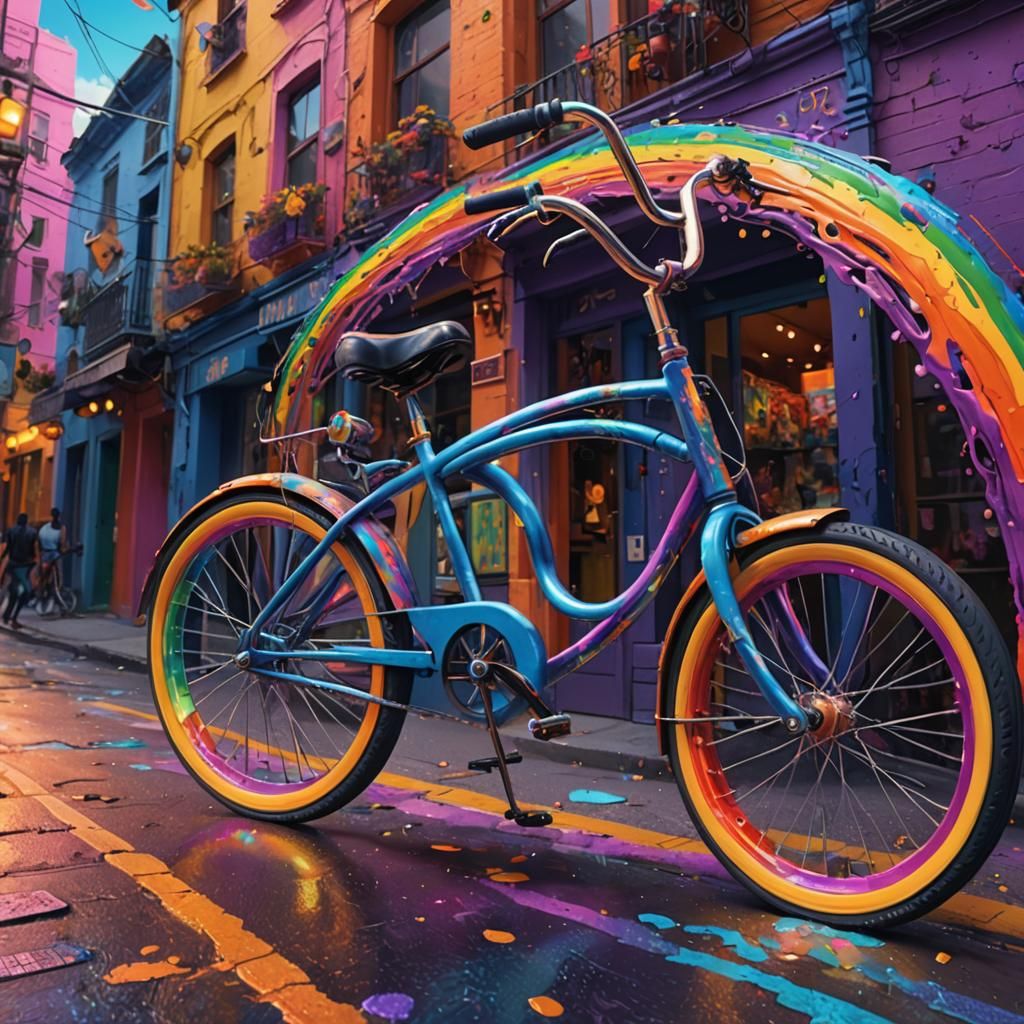 Rainbow Bicycle on Multicolored Street as Art Nouveau