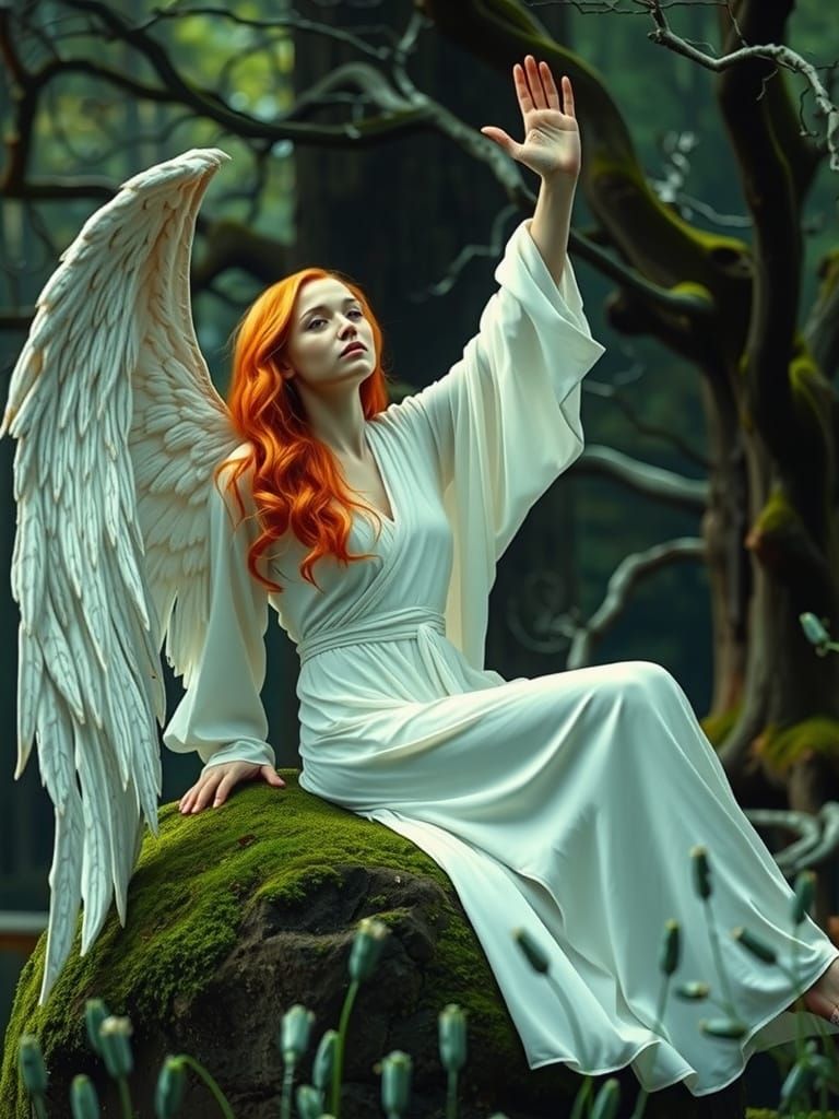 Angelic Woman Summons Light in Mystical Forest