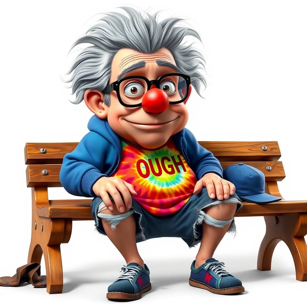 Cartoon Old Man on Park Bench, Pixar-Style