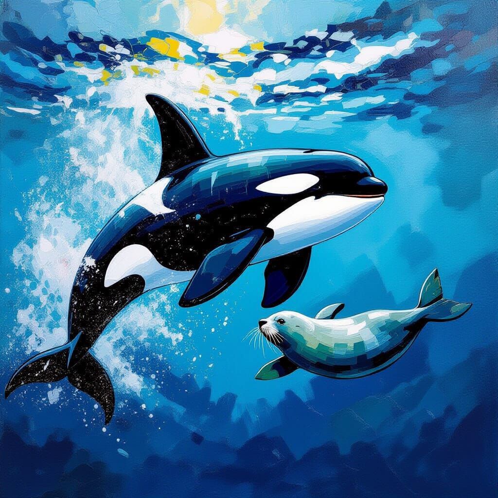 Orca Hunts Seal Underwater in Impasto Acrylic Style