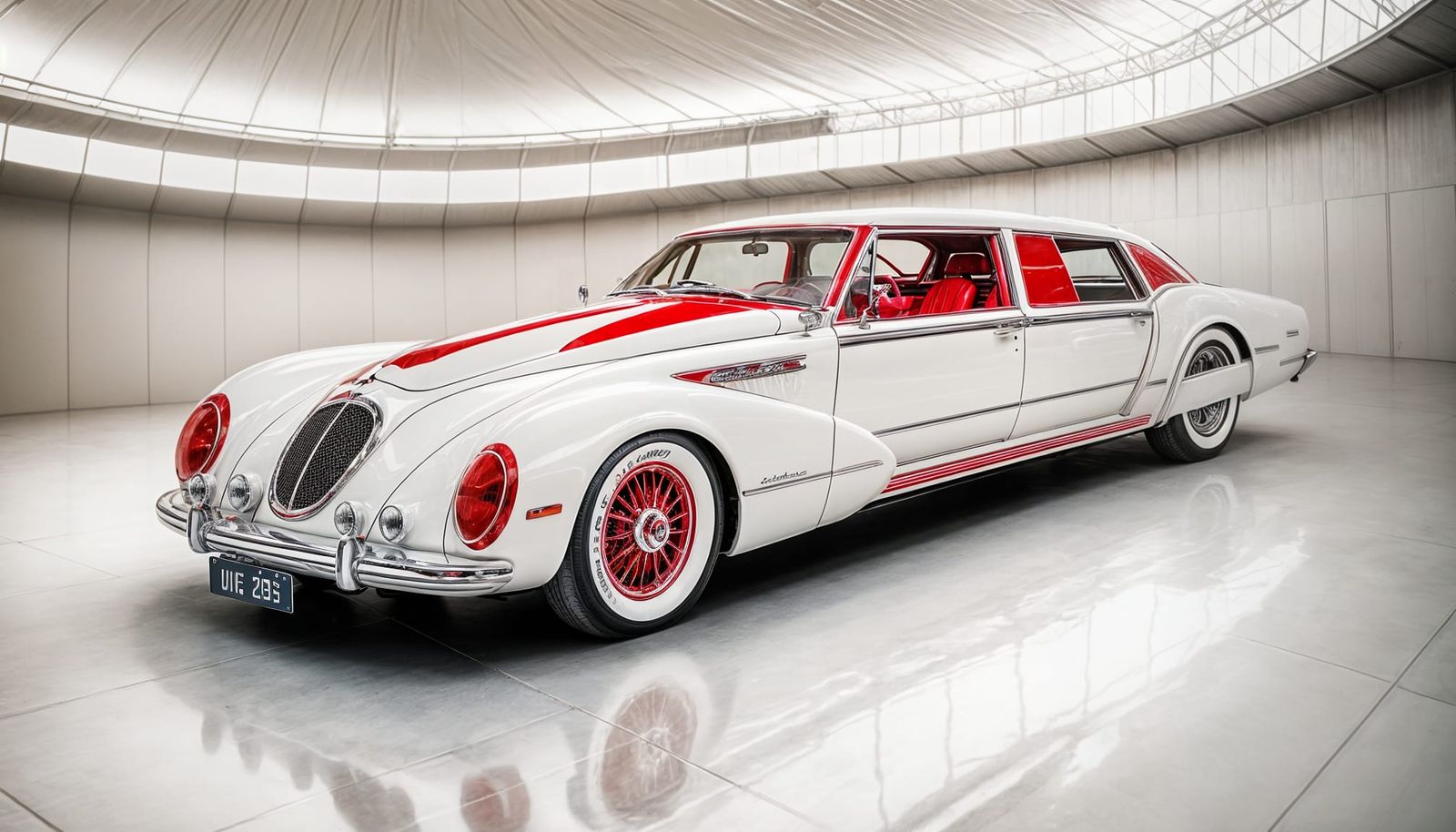 Sleek Red Retrofuturistic Limousine in Aviation Hangar