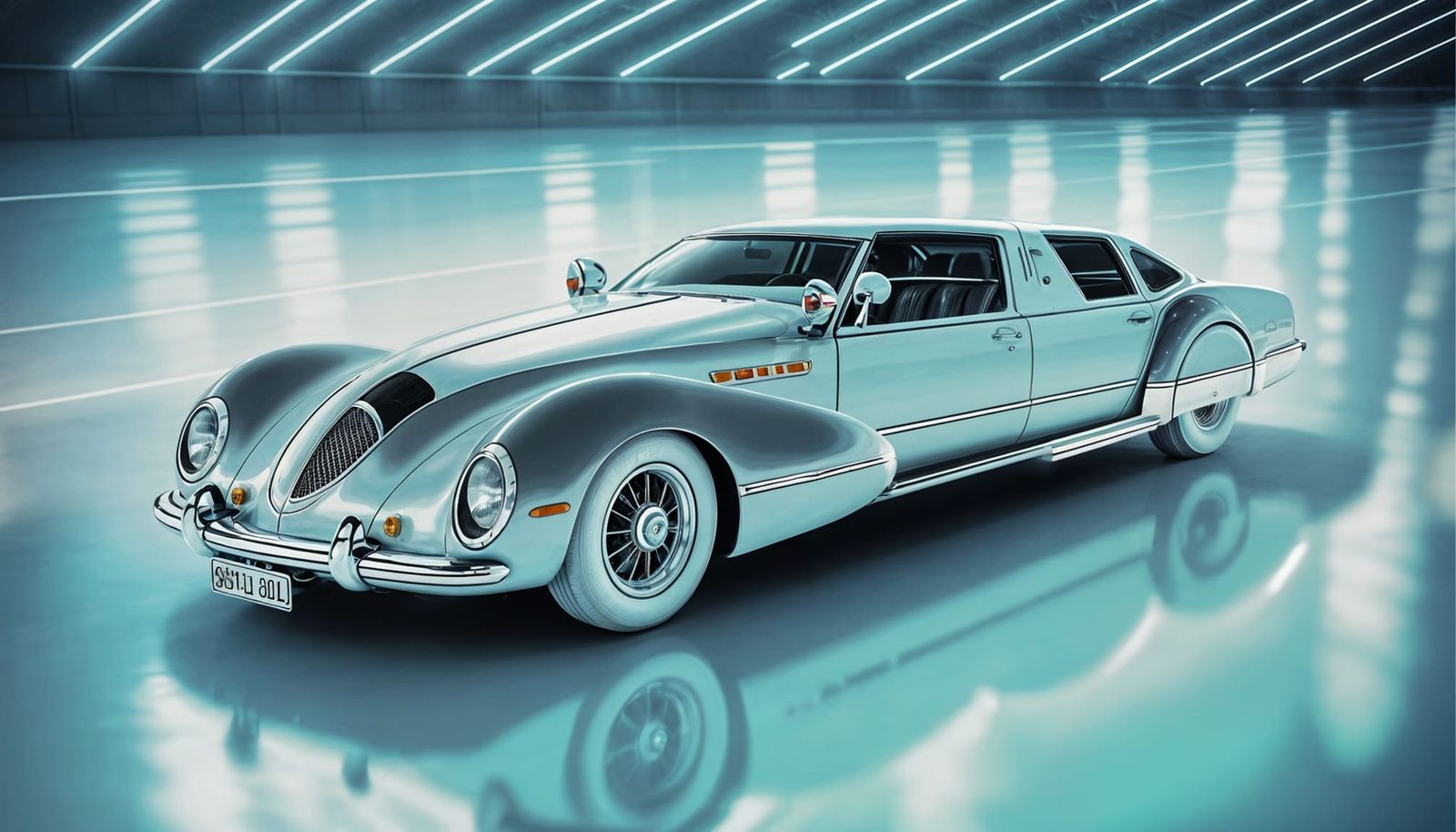 Sleek Retrofuturistic Limousine in Ultra Clean Hangar