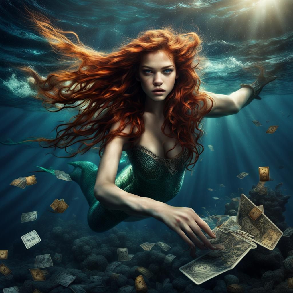 Red-Haired Mermaid Diving in the Ocean