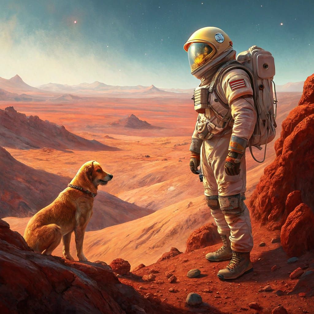 Astronaut and Dog on Mars in Sci-Fi Art Style