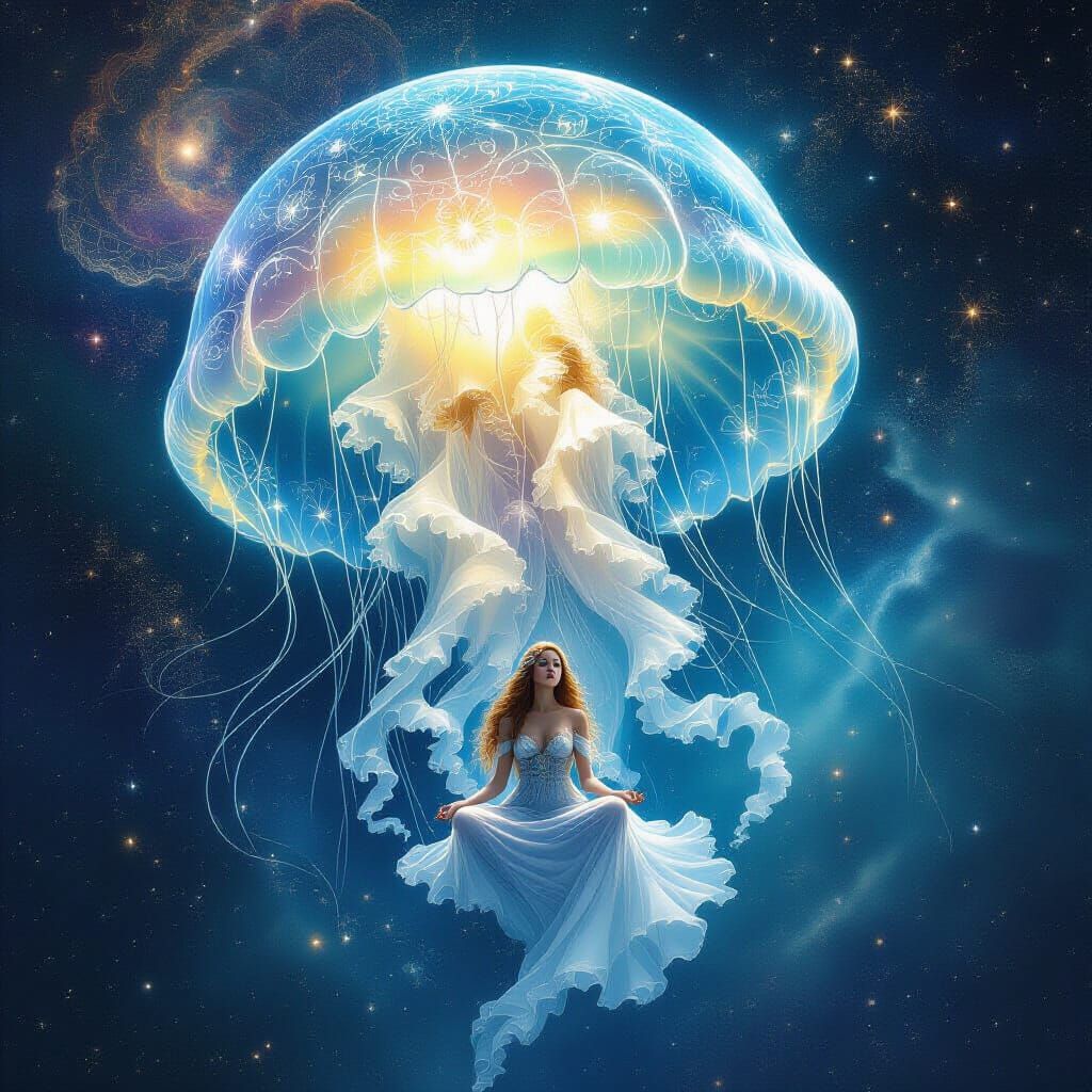 Bioluminescent Jellyfish Goddess in Cosmos, Art Nouveau