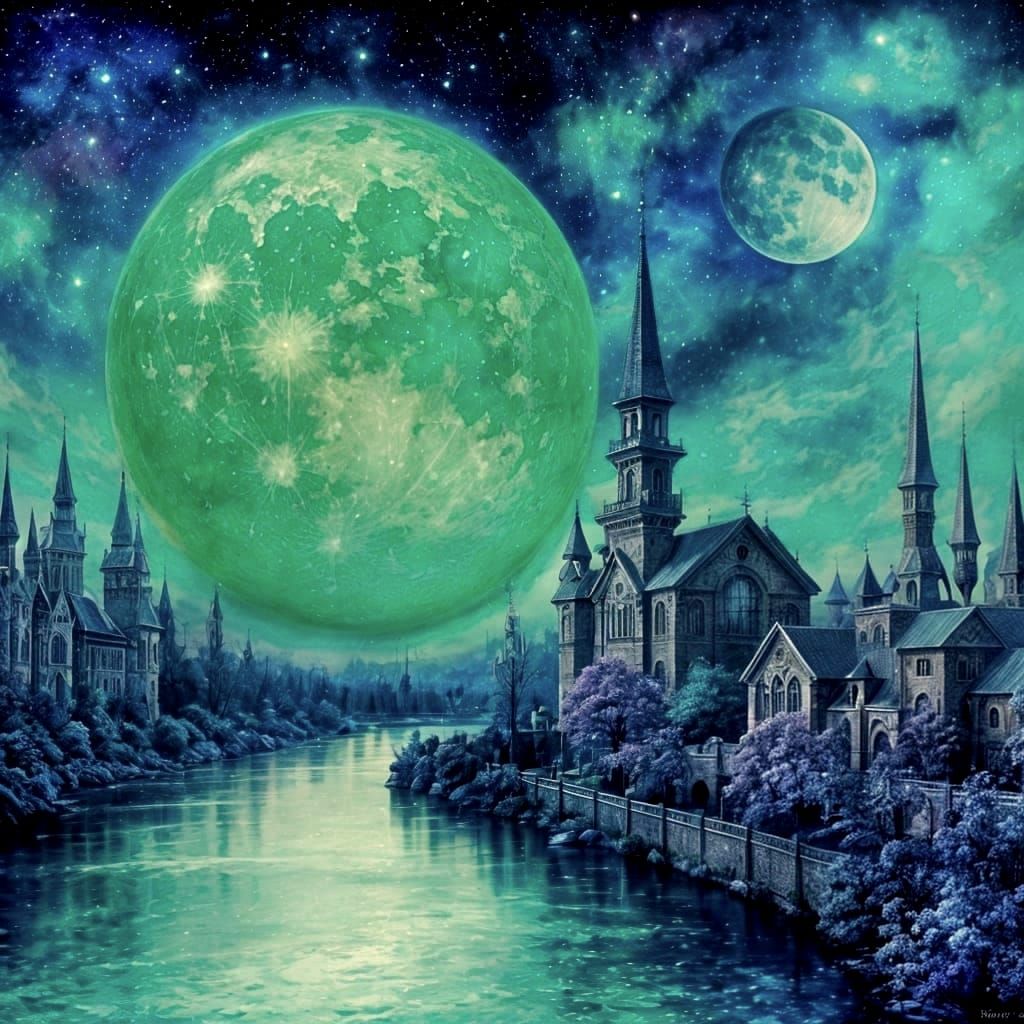 Neon Moonlit Town in Ink and Watercolor Style