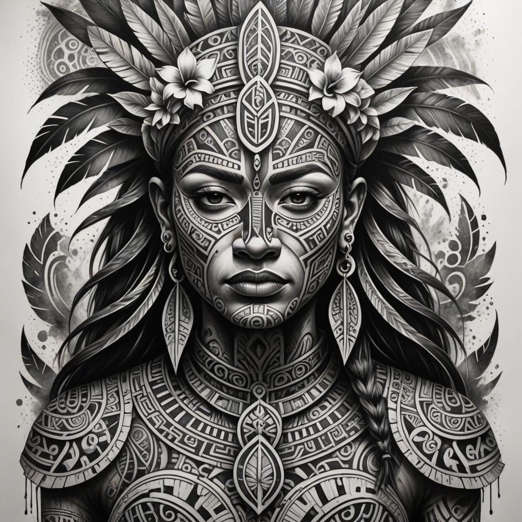 Polynesian Tattoo Motive Charcoal Drawing