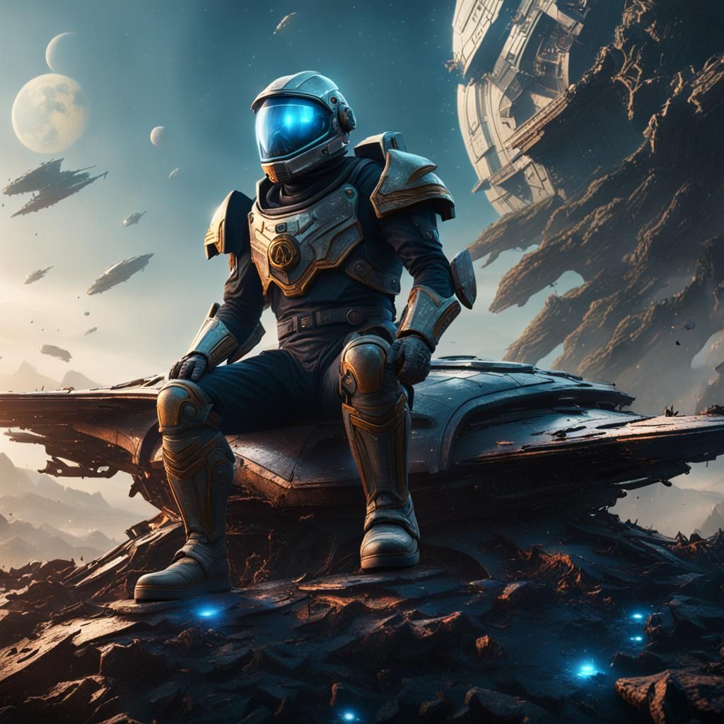 Space Knight Overlooks Crashed Ship: Detailed Digital Painti...