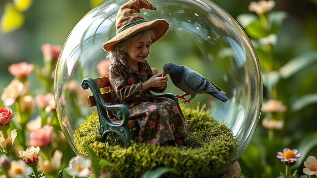 Miniature Woman Feeds Pigeon in Glass Orb
