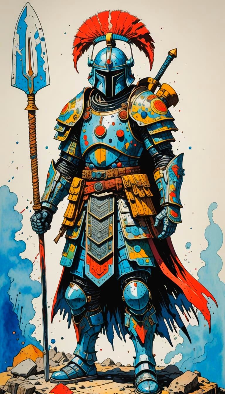 Warrior in Moebius-Inspired Armor with Spatula-Themed Detail...