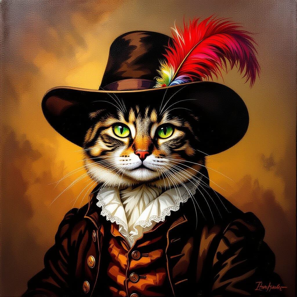 Cat in Boots with Feathered Hat, Oil Painting Style